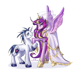 Size: 2048x2048 | Tagged: safe, artist:phantonixx, imported from derpibooru, princess cadance, shining armor, alicorn, pony, unicorn, clothes, dress, duo, female, height difference, horn, male, mare, marriage, meme, shiningcadance, shipping, simple background, smiling, spread wings, stallion, straight, the bride and the ugly ass groom, veil, wedding, wedding dress, wedding veil, white background, wings