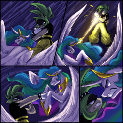 Size: 3000x3000 | Tagged: safe, artist:phantonixx, imported from derpibooru, princess celestia, alicorn, pony, 4 panel comic, angry, clothes, comic, crossover, duo, epic, eye contact, female, fight, glowing, glowing horn, gritted teeth, horn, laser, looking at each other, looking at someone, mare, punch, sonic the hedgehog (series), spread wings, surge the tenrec, teeth, wings