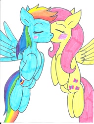 Size: 844x1108 | Tagged: safe, artist:cmara, imported from derpibooru, fluttershy, rainbow dash, pegasus, blushing, duo, duo female, female, flutterdash, kissing, lesbian, shipping