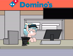 Size: 6500x5000 | Tagged: safe, artist:mixelscraft64, imported from derpibooru, cozy glow, pegasus, pony, cash register, cashier, desk, domino's, domino's pizza, food, goanimate, logo, pizza, pizza box, redraw, scene recreation