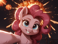 Size: 1376x1032 | Tagged: safe, imported from derpibooru, pinkie pie, earth pony, pony, ai content, ai generated, cheek fluff, chest fluff, ear fluff, explosion, female, fluffy, generator:pony diffusion v6 xl, generator:stable diffusion, looking at you, mare, prompter:ramprover, selfie, smiling, solo