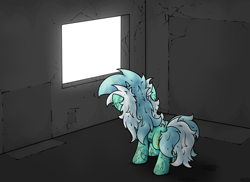 Size: 4656x3396 | Tagged: safe, artist:background basset, imported from derpibooru, lyra heartstrings, pony, unicorn, corrupted, cracks, dirty, edgy, horn, messy mane, solo, window