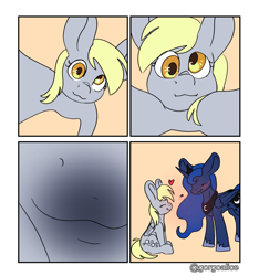 Size: 2901x3098 | Tagged: safe, artist:aliceg, imported from derpibooru, derpy hooves, princess luna, alicorn, pegasus, pony, blushing, kissing