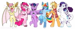 Size: 2048x789 | Tagged: safe, artist:spookyfoxinc, imported from derpibooru, applejack, fluttershy, pinkie pie, rainbow dash, rarity, twilight sparkle, alicorn, anthro, bat, bat pony, big cat, digitigrade anthro, dog, dragon, hyena, leopard, snow leopard, wolf, apple, appledog, bat ponified, big ears, blushing, chest fluff, coat markings, cute, cute little fangs, dogified, dragonified, ear fluff, fangs, female, fluffy, flutterbat, food, furrified, furry, lidded eyes, looking at you, mouth hold, paw pads, paws, race swap, simple background, smiling, socks (coat markings), species swap, spread wings, twilidragon, twilight sparkle (alicorn), underpaw, white background, wings, wolfified