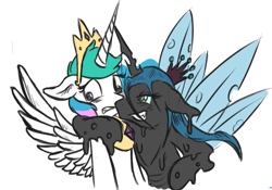 Size: 733x514 | Tagged: safe, artist:anonymous, imported from twibooru, princess celestia, queen chrysalis, alicorn, goo, original species, pony, /mlp/, 4chan, drawthread, duo, female, floppy ears, goo changeling, grin, image, looking at someone, looking away, mare, png, side hug, sidemouth, simple background, smiling, white background