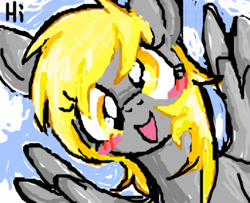 Size: 1117x906 | Tagged: artist needed, safe, imported from twibooru, derpy hooves, blushing, close-up, derp, hi, image, looking at you, needs more jpeg, open mouth, sky background, spread wings, wings