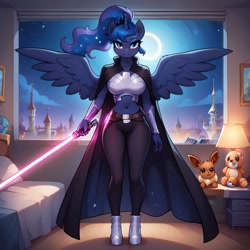 Size: 1024x1024 | Tagged: safe, imported from derpibooru, princess luna, alicorn, anthro, gamer luna, ai content, ai generated, belly, belly button, clothes, cosplay, costume, generator:civitai, generator:pony diffusion v6 xl, generator:stable diffusion, jedi, lightsaber, prompter:shajoe, purple lightsaber, robe, star wars, weapon