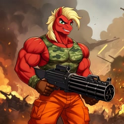 Size: 1024x1024 | Tagged: safe, imported from derpibooru, big macintosh, anthro, earth pony, ai content, ai generated, clothes, cosplay, costume, fire, g.i. joe, generator:google imagen 3.0, great macintosh, grin, gun, machine gun, male, minigun, muscles, prompter:zerowinger, roadblock, smiling, solo, weapon