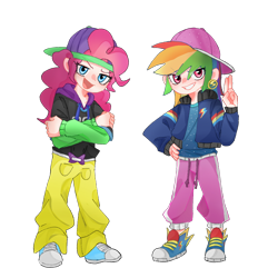 Size: 1080x1080 | Tagged: safe, artist:king611075, imported from derpibooru, pinkie pie, rainbow dash, human, baseball cap, cap, clothes, crossed arms, grin, hand gesture, hat, hoodie, humanized, jacket, looking at you, open mouth, pants, rapper dash, rapper pie, shirt, shoes, simple background, smiling, sneakers, transparent background