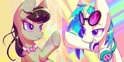 Size: 3200x1600 | Tagged: safe, artist:awhitesheep, imported from derpibooru, dj pon-3, octavia melody, vinyl scratch, earth pony, pony, unicorn, abstract background, female, grin, headphones, horn, mare, smiling