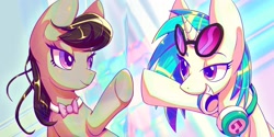 Size: 3200x1600 | Tagged: safe, alternate version, artist:awhitesheep, imported from derpibooru, dj pon-3, octavia melody, vinyl scratch, earth pony, pony, unicorn, abstract background, female, grin, headphones, horn, mare, smiling