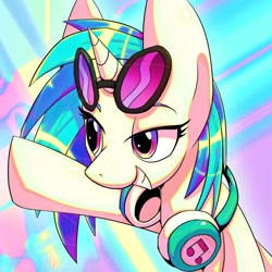 Size: 1600x1600 | Tagged: safe, artist:awhitesheep, imported from derpibooru, dj pon-3, vinyl scratch, pony, unicorn, abstract background, female, grin, headphones, horn, mare, smiling, solo