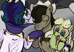 Size: 2388x1668 | Tagged: safe, alternate version, artist:luansh, idw, imported from derpibooru, granny smith, pokey oaks, princess celestia, alicorn, earth pony, pony, reflections, spoiler:comic, eyes closed, female, hoof kissing, male, mare, mirror universe, open mouth, smiling, sparkly eyes, stallion, wingding eyes, young granny smith, younger