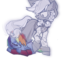 Size: 2500x2000 | Tagged: safe, alternate version, artist:zi322207, imported from derpibooru, applejack, rainbow dash, spirit of hearth's warming past, earth pony, ghost, pony, undead, clothes, dress, duo, duo female, eyes closed, female, mare, simple background, sleeping, socks, solo, white background