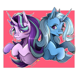 Size: 1000x924 | Tagged: safe, artist:legendaryshadee, imported from derpibooru, starlight glimmer, trixie, pony, unicorn, :p, bust, chest fluff, duo, female, horn, mare, signature, simple background, smiling, tongue out