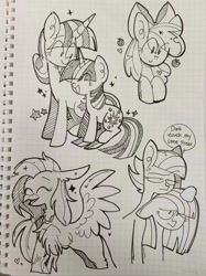 Size: 1279x1706 | Tagged: safe, artist:piaojun55154, imported from derpibooru, apple bloom, limestone pie, marble pie, silverstream, twilight sparkle, twilight velvet, earth pony, hippogriff, pony, unicorn, female, filly, foal, graph paper, horn, lineart, mare, smiling, speech bubble, spread wings, text, traditional art, wings