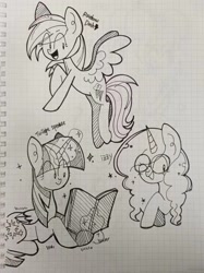 Size: 1279x1706 | Tagged: safe, artist:piaojun55154, imported from derpibooru, rainbow dash, twilight sparkle, alicorn, pegasus, pony, unicorn, book, female, glasses, graph paper, horn, magic, mare, one eye closed, telekinesis, text, traditional art, twilight sparkle (alicorn), wink