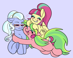 Size: 3000x2400 | Tagged: safe, artist:leopardsnaps, imported from derpibooru, lemon zest, sour sweet, sugarcoat, earth pony, pegasus, pony, cuddling, equestria girls ponified, female, glasses, hair accessory, headphones, hug, hugging a pony, mare, missing cutie mark, ponified, purple background, simple background, smiling, sugarcoat is not amused, trio, unamused