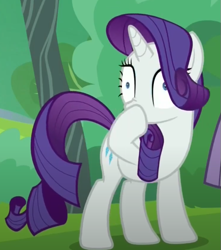 Size: 533x603 | Tagged: safe, imported from derpibooru, screencap, rarity, pony, unicorn, the gift of the maud pie, boop, funny, horn, out of context, outdoors, scrunchy face, self-boop, tree, wide eyes