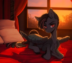 Size: 3300x2900 | Tagged: safe, artist:avroras_world, imported from derpibooru, oc, oc only, pegasus, pony, art trade, looking at you, lying down, prone, solo, sunset, window