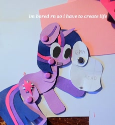 Size: 1496x1636 | Tagged: safe, artist:koidial, imported from derpibooru, part of a set, twilight sparkle, pony, unicorn, 3d cutie mark, bangs, big eyes, colored paper, colored pinnae, craft, dialogue, eye clipping through hair, female, hoof hold, horn, looking at something, mad science, mare, no catchlights, no pupils, open mouth, paper doll, papercraft, photo, purple coat, speech bubble, talking, text, three toned mane, three toned tail, traditional art, twilight being twilight, unicorn horn, unicorn twilight, white text