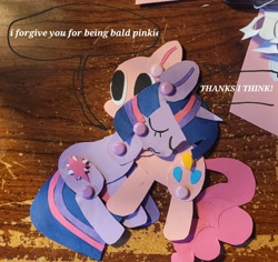 Size: 1764x1666 | Tagged: safe, artist:koidial, imported from derpibooru, part of a set, pinkie pie, twilight sparkle, earth pony, pony, unicorn, 3d cutie mark, bald, big eyes, colored pinnae, craft, curly tail, dialogue, duo, duo female, eyelashes, eyes closed, female, horn, hug, lesbian, maneless, mare, no catchlights, no mane, no pupils, nuzzling, paper doll, papercraft, photo, pink coat, pink tail, purple coat, raised hoof, shipping, speech bubble, straight mane, straight tail, tail, talking, text, three toned mane, three toned tail, traditional art, twinkie, unicorn horn, unicorn twilight, white text, yelling