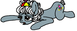 Size: 733x300 | Tagged: safe, artist:maremaxxer, oc, oc only, oc:trinket toy, earth pony, pony, base used, blue coat, brown eyes, exhausted, gray coat, hat, lying down, messy mane, photo, propeller hat, rump in air, short mane, short tail, simple background, solo, white mane