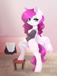 Size: 2254x2994 | Tagged: safe, artist:azemifoster, imported from derpibooru, oc, oc only, oc:ellie berryheart, pegasus, pony, apron, clothes, dress, female, green eyes, housewife, maid, socks, solo, stockings, stool, thigh highs, white wings, wings