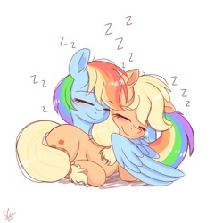 Size: 1280x1280 | Tagged: safe, artist:galaxy swirl, imported from derpibooru, applejack, rainbow dash, earth pony, pegasus, pony, appledash, blushing, cute, dashabetes, duo, duo female, eyes closed, female, freckles, hatless, hug, jackabetes, lesbian, mare, missing accessory, onomatopoeia, shipping, simple background, sleeping, sleeping together, smiling, sound effects, white background, winghug, wings, zzz