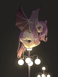 Size: 1536x2048 | Tagged: safe, artist:mugitya012, imported from derpibooru, fluttershy, bat pony, pony, bat ponified, bat wings, female, flutterbat, lamppost, mare, race swap, solo, spread wings, wings