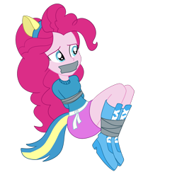 Size: 2000x2000 | Tagged: safe, artist:nie-martw-sie-o-mnie, imported from derpibooru, pinkie pie, equestria girls, bondage, boots, clothes, female, femsub, gag, helping twilight win the crown, pinkiesub, shoes, simple background, skirt, solo, submissive, tape, tape bondage, tape gag, transparent background, wondercolts uniform