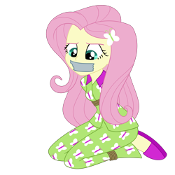 Size: 2000x2000 | Tagged: safe, artist:nie-martw-sie-o-mnie, imported from derpibooru, fluttershy, human, equestria girls, bondage, butterfly hairpin, clothes, female, femsub, fluttersub, gag, kneeling, pajamas, rope, rope bondage, simple background, slippers, solo, submissive, tape, tape gag, transparent background