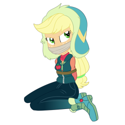 Size: 2000x2000 | Tagged: safe, artist:nie-martw-sie-o-mnie, imported from derpibooru, applejack, human, equestria girls, applesub, bondage, cloth gag, female, femsub, gag, kneeling, rope, rope bondage, simple background, solo, submissive, transparent background