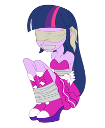 Size: 1888x2288 | Tagged: safe, artist:nie-martw-sie-o-mnie, imported from derpibooru, twilight sparkle, human, equestria girls, barefoot, blindfold, bondage, clothes, dress, fall formal outfits, feet, female, femsub, gag, simple background, solo, submissive, tape, tape bondage, tape gag, transparent background, twisub