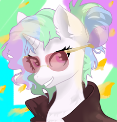 Size: 1964x2048 | Tagged: safe, artist:minecake, imported from derpibooru, oc, oc:cake sparkle, pony, unicorn, bust, clothes, glasses, horn, jacket, portrait, solo