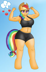 Size: 750x1163 | Tagged: safe, artist:mlpconjoinment, imported from derpibooru, applejack, rainbow dash, anthro, earth pony, pegasus, applebucking thighs, applejacked, female, fusion, fusion:applejack, fusion:rainbow dash, muscles, muscular female, rainbuff dash, solo, solo female, thighs, thunder thighs, we have become one, wide hips