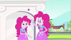 Size: 1489x831 | Tagged: safe, imported from derpibooru, screencap, pinkie pie, human, equestria girls, clothes, cutie mark, cutie mark on clothes, female, friendship games bloopers, my little pony equestria girls: friendship games, pink skirt, self paradox