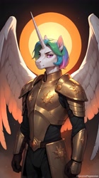 Size: 2426x4320 | Tagged: safe, imported from derpibooru, princess celestia, alicorn, anthro, ai assisted, ai content, ai generated, armor, generator:pony diffusion v6 xl, generator:stable diffusion, prince solaris, prompter:oranzinispegasiukas, rule 63, short hair, solo, spread wings, wings