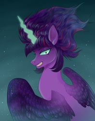 Size: 1705x2160 | Tagged: safe, artist:sociofag, imported from derpibooru, sci-twi, twilight sparkle, alicorn, equestria girls, fangs, glowing, glowing horn, horn, midnight sparkle, multicolored hair, smiling, smirk, twilight sparkle (alicorn), wings