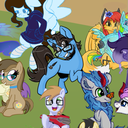 Size: 561x561 | Tagged: safe, artist:memprices, imported from derpibooru, oc, oc:ibis paint, unicorn, derpibooru community collaboration, 2024 community collab, beard, facial hair, glasses, grin, group photo, horn, looking at you, ponysona, raised hoof, smiling, smiling at you