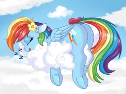 Size: 3000x2229 | Tagged: safe, artist:marbatra, imported from derpibooru, rainbow dash, pegasus, pony, bow, butt, cloud, dock, eyes closed, flower, flower in hair, frog (hoof), on a cloud, onomatopoeia, open mouth, plot, rainbutt dash, sleeping, sleeping on a cloud, sleepydash, solo, sound effects, tail, tail bow, underhoof, zzz