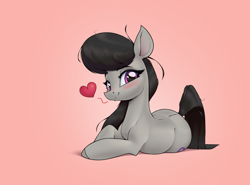 Size: 3108x2306 | Tagged: safe, artist:aquaticvibes, imported from derpibooru, octavia melody, earth pony, pony, blushing, floating heart, heart, looking at you, lying down, pink background, simple background, smiling, smiling at you, solo