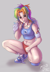 Size: 2226x3200 | Tagged: safe, artist:mricantdraw, imported from derpibooru, rainbow dash, human, clothes, female, high res, humanized, midriff, shoes, solo, sports bra, sports panties, tanktop, thighs, thunder thighs, towel, workout outfit