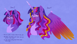 Size: 2906x1685 | Tagged: safe, artist:fizzmitz, imported from derpibooru, twilight sparkle, alicorn, pony, unicorn, ascension enhancement, blue background, bust, claws, coat markings, colored wings, facial markings, female, glasses, gradient wings, horn, looking at you, mare, simple background, smiling, smiling at you, solo, star (coat marking), twilight sparkle (alicorn), ultimate twilight, unicorn twilight, wing claws, wings