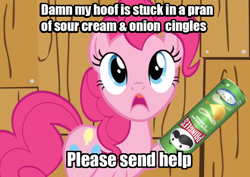 Size: 896x634 | Tagged: safe, edit, edited screencap, imported from derpibooru, screencap, pinkie pie, earth pony, pony, a friend in deed, chips, duke nukem, food, meme, potato chips, pran of cingles, pringles, protonjon, shitposting, solo, text