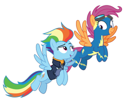 Size: 8500x7000 | Tagged: safe, artist:gypsykumquat, imported from derpibooru, rainbow dash, scootaloo, pegasus, pony, the last problem, .svg available, absurd resolution, clothes, duo, duo female, female, flying, goggles, inkscape, older, older rainbow dash, older scootaloo, scootaloo can fly, show accurate, simple background, smug, svg, transparent background, uniform, vector, wonderbolt scootaloo, wonderbolts, wonderbolts jacket, wonderbolts uniform