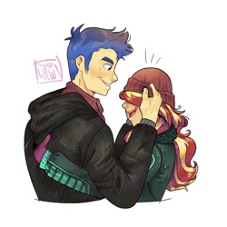 Size: 1350x1350 | Tagged: safe, artist:twillow, imported from derpibooru, flash sentry, sunset shimmer, human, equestria girls, beanie, bust, clothes, duo, duo male and female, female, flashimmer, hat, height difference, jacket, male, open mouth, open smile, shipping, signature, simple background, smiling, spanish description, straight, teasing, white background