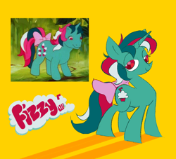 Size: 2200x2000 | Tagged: safe, artist:rubyrelax, imported from derpibooru, fizzy, twinkle eyed pony, unicorn, bow, g1, generation leap, horn, simple background, tail, tail bow, yellow background