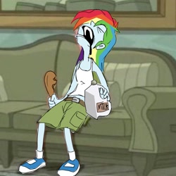 Size: 2000x2000 | Tagged: safe, artist:skypaw10, imported from derpibooru, rainbow dash, human, equestria girls, chicken leg, couch, female, food, holding, human female, humanized, milk jug, open mouth, solo, trace