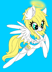 Size: 1103x1534 | Tagged: safe, artist:aspenglowe, imported from derpibooru, pegasus, pony, 2012, angel, blonde mane, blonde tail, blue background, blue eyes, halo, simple background, solo, tail, white coat